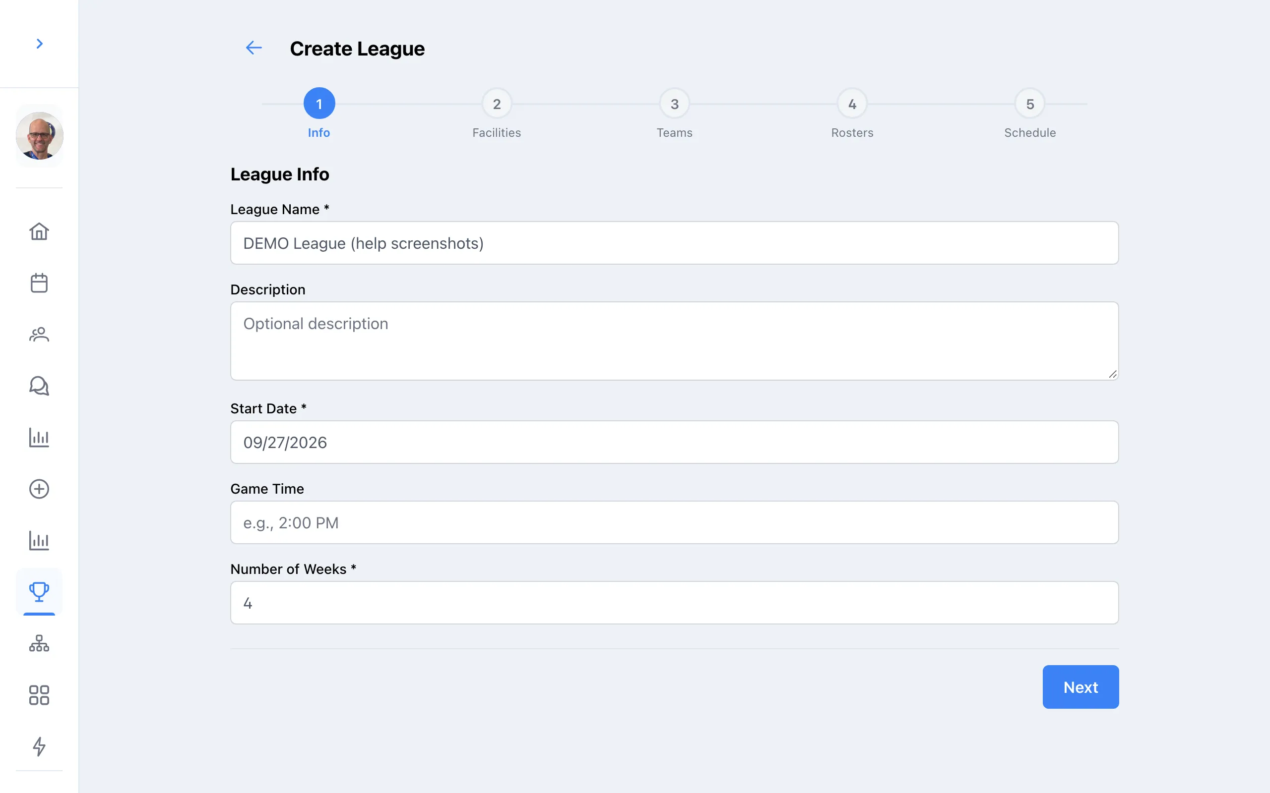 Wizard step 1 — League info