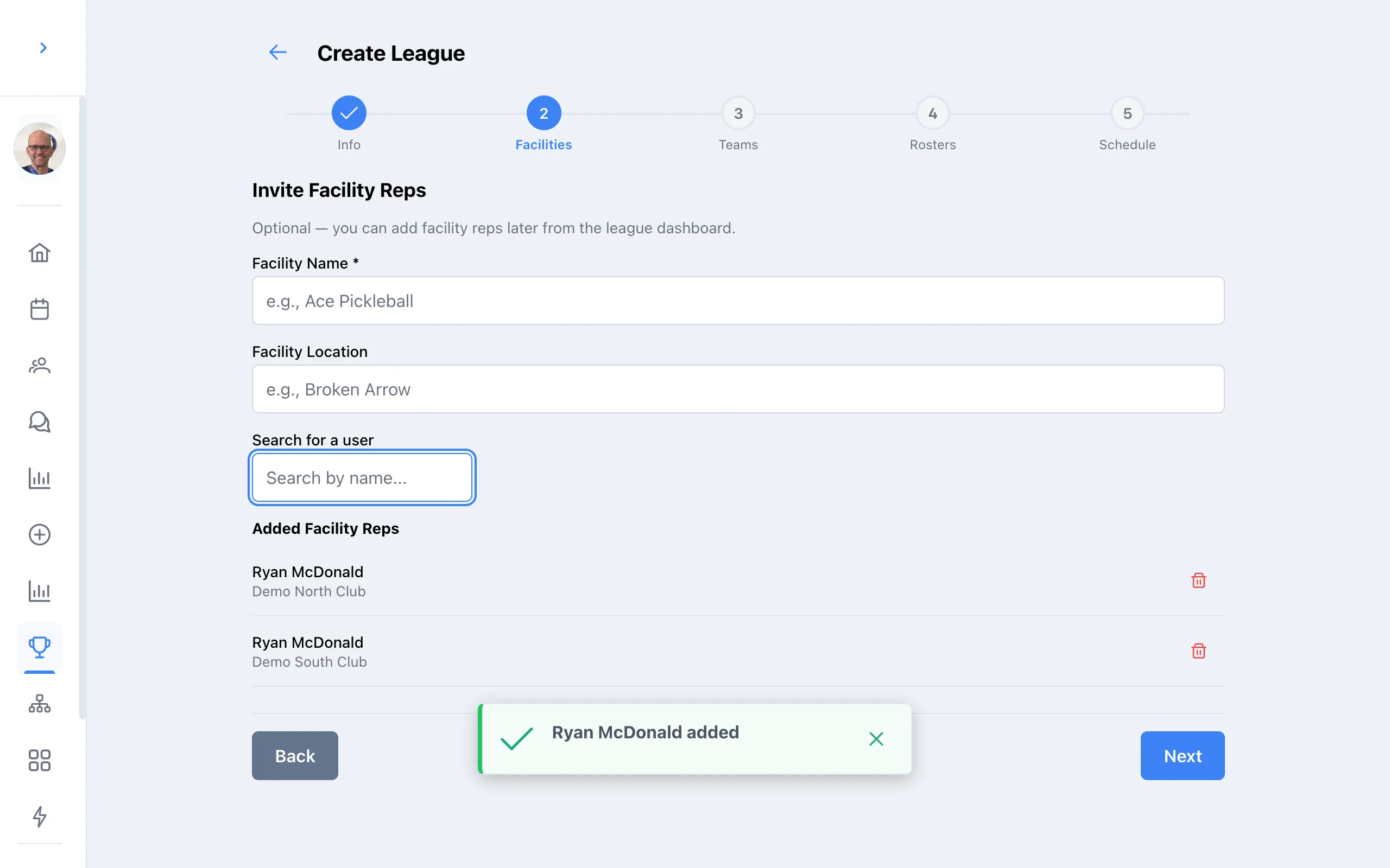 Wizard step 2 — Facility reps