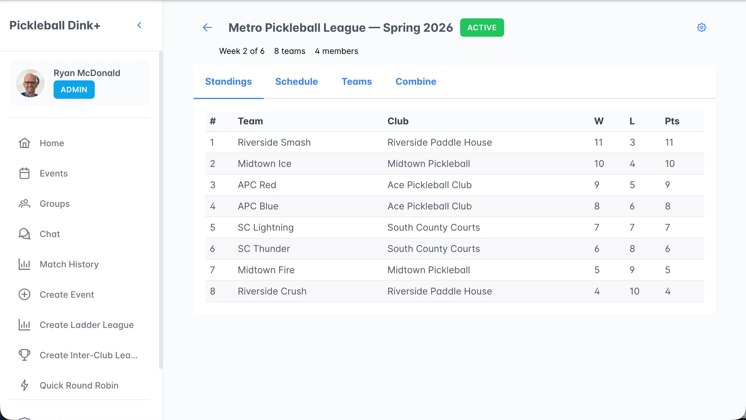 Standings tab