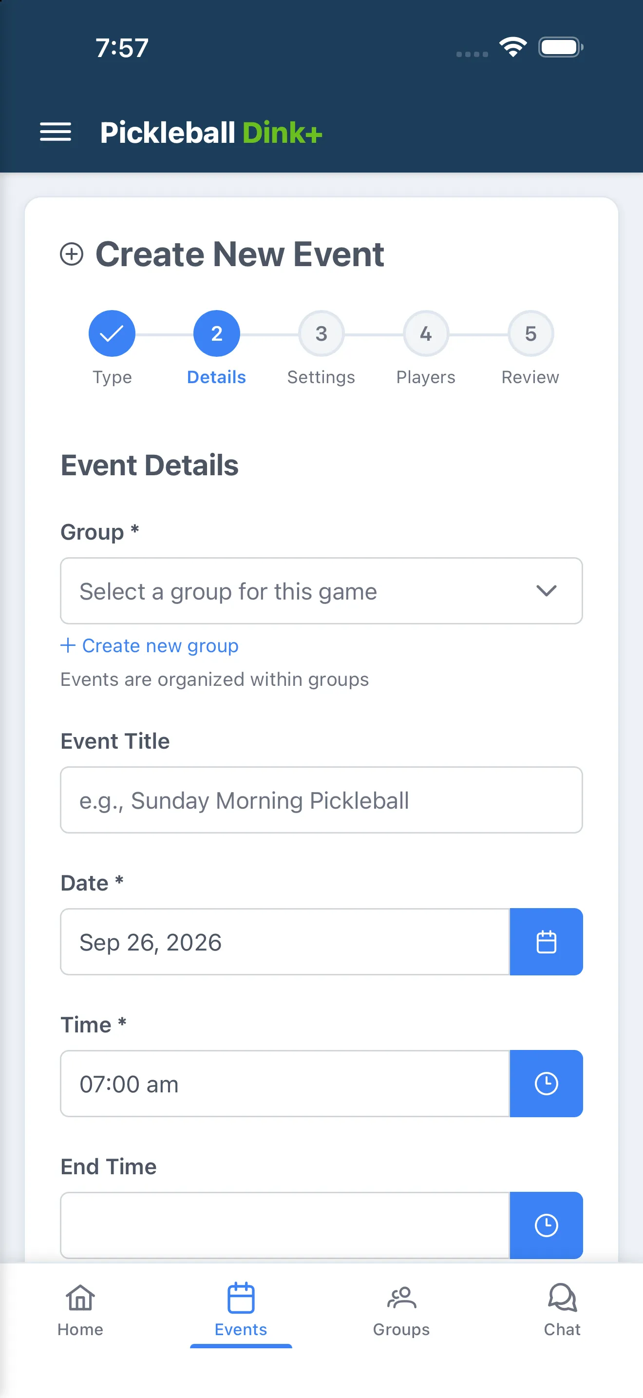 Event Details step of the create-event wizard