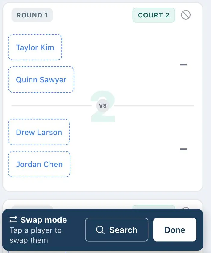 Swap mode: player names you can tap, and the bar with Search and Done