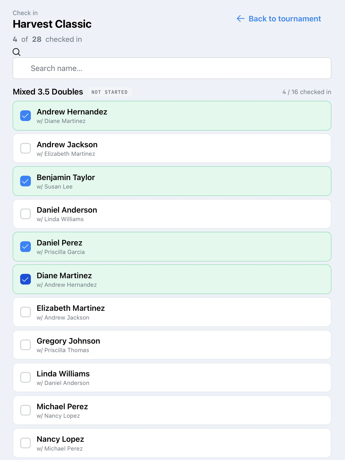 The check-in roster with some players checked in