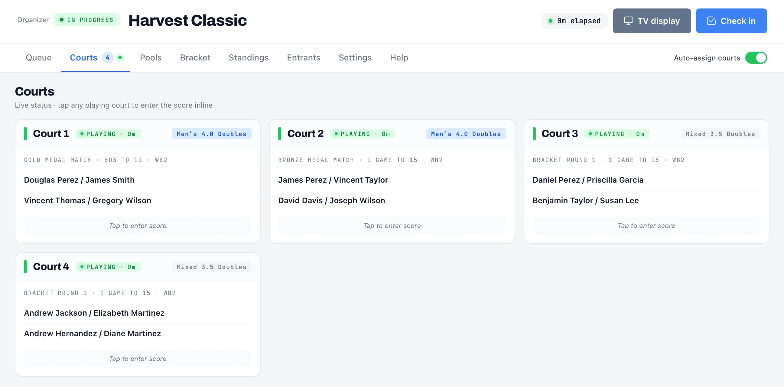 The Courts tab with four courts playing matches from two divisions