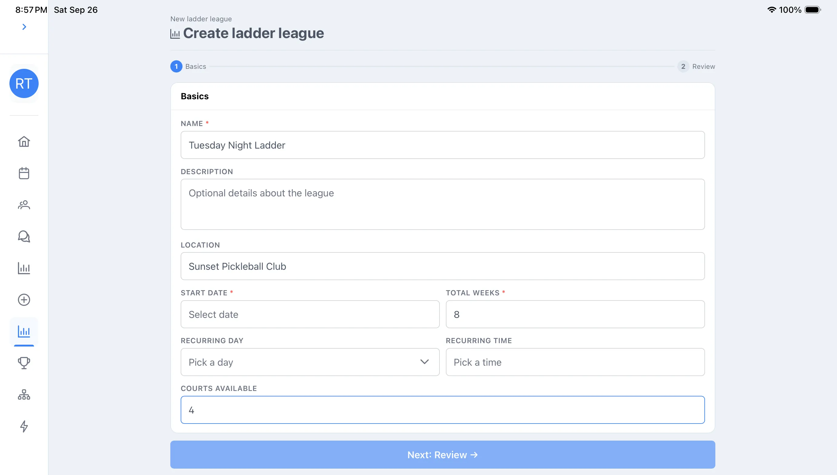 The Basics step of Create ladder league