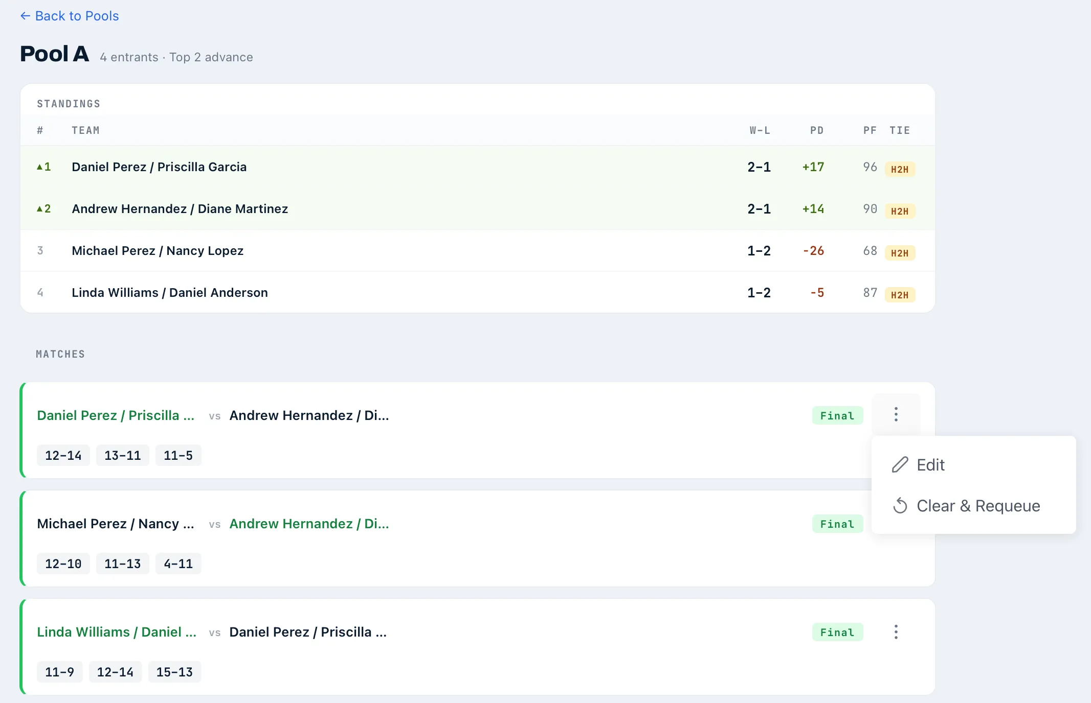 A pool page with standings and finished matches, with the ⋮ menu open on one