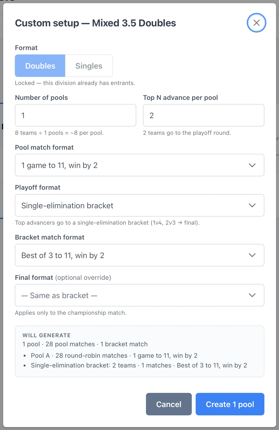 The Custom setup dialog with its Will generate preview