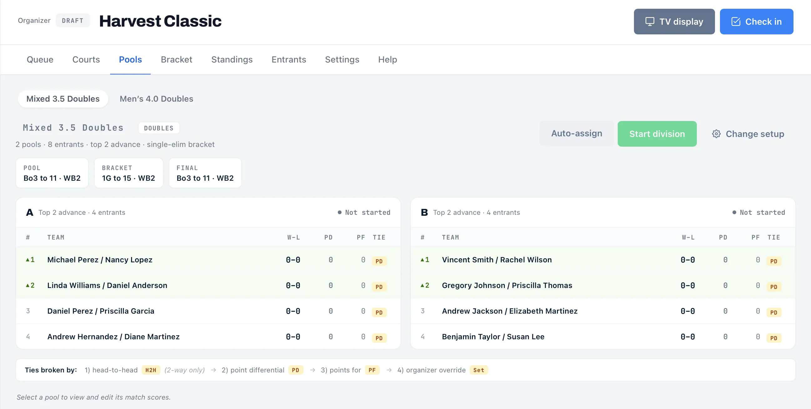 The Pools tab after Auto-assign, with Start division and Change setup