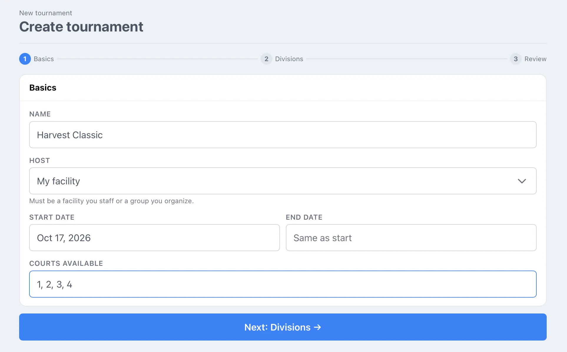 The Basics step of Create tournament