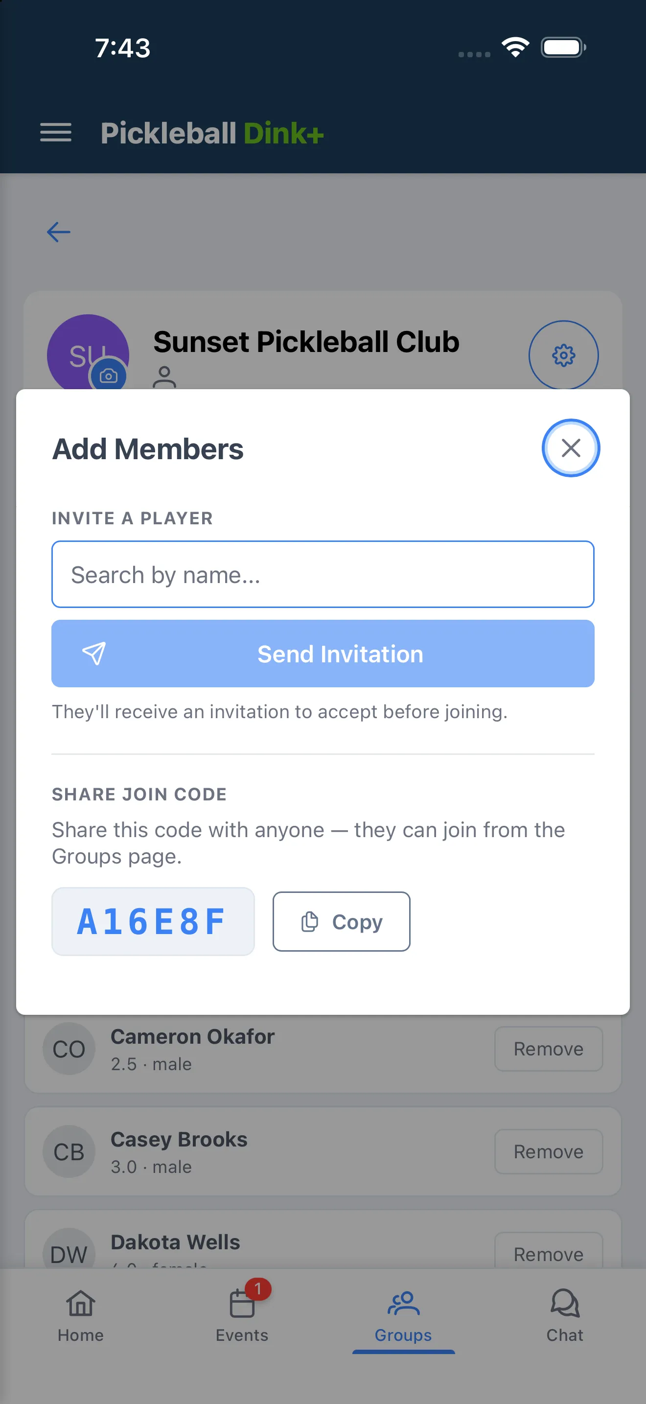 Add Members dialog with invite search and join code