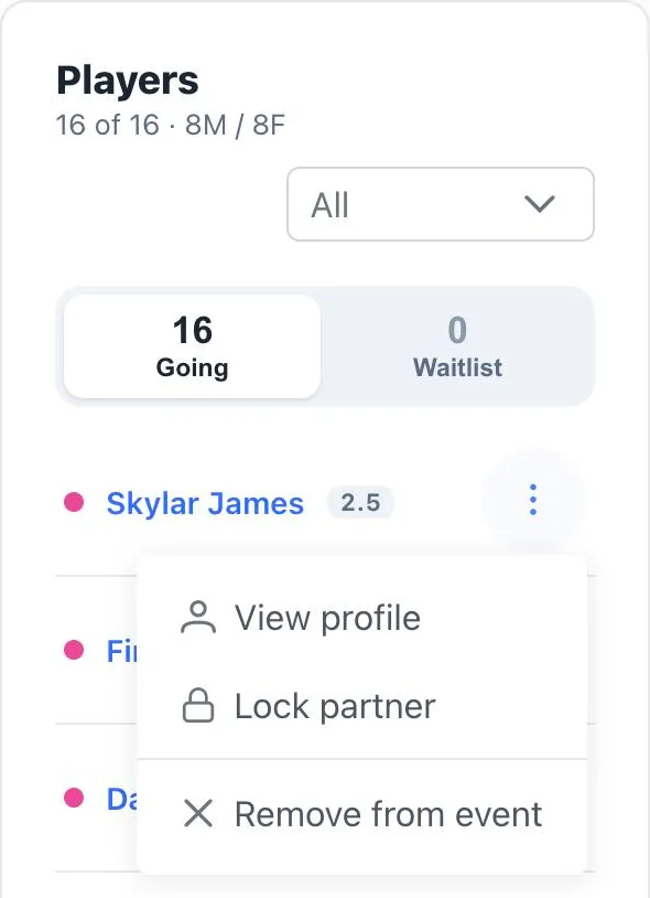 The player row menu with Lock partner