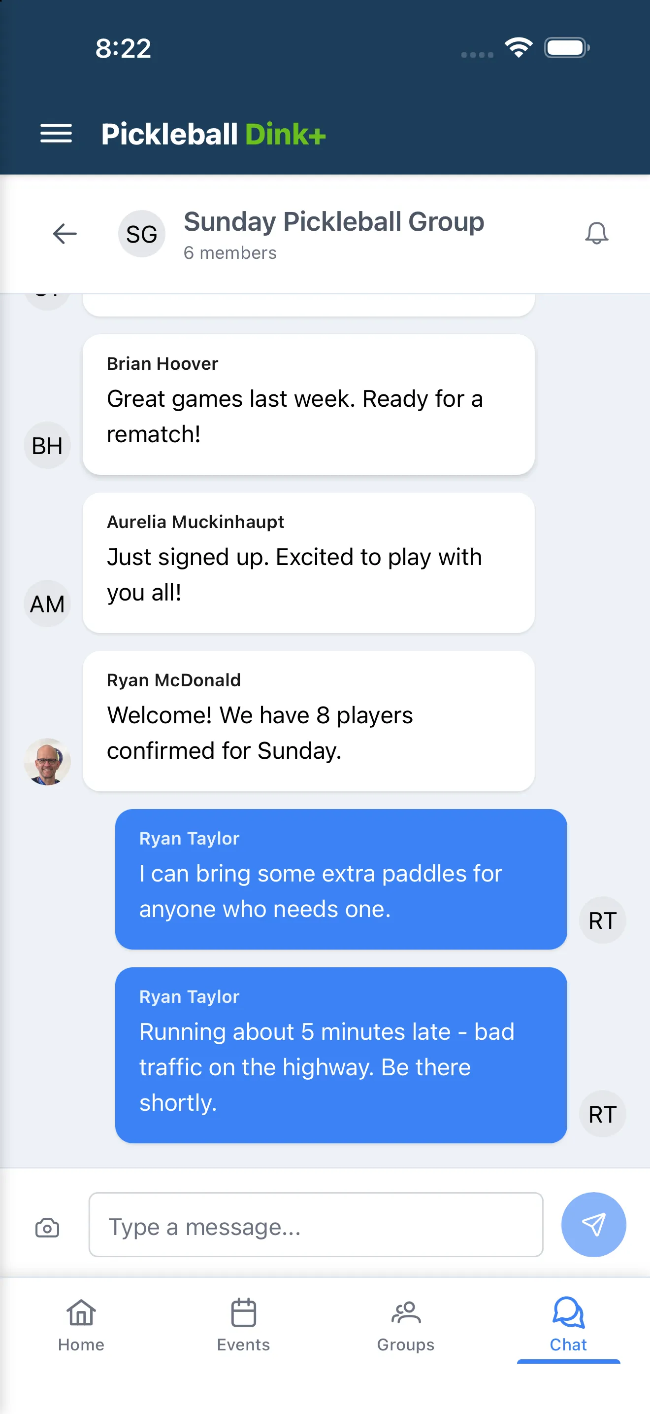 A group chat conversation with messages from several players