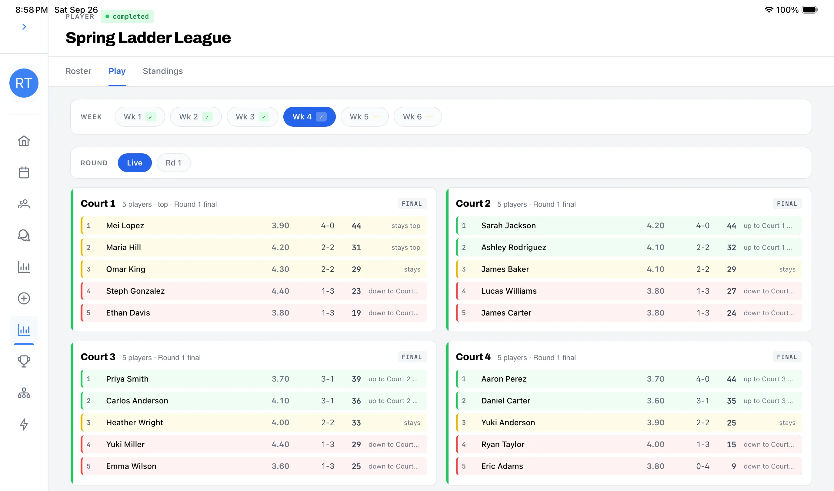 A ladder league week on the Play tab, with each court’s results and who moves up or down
