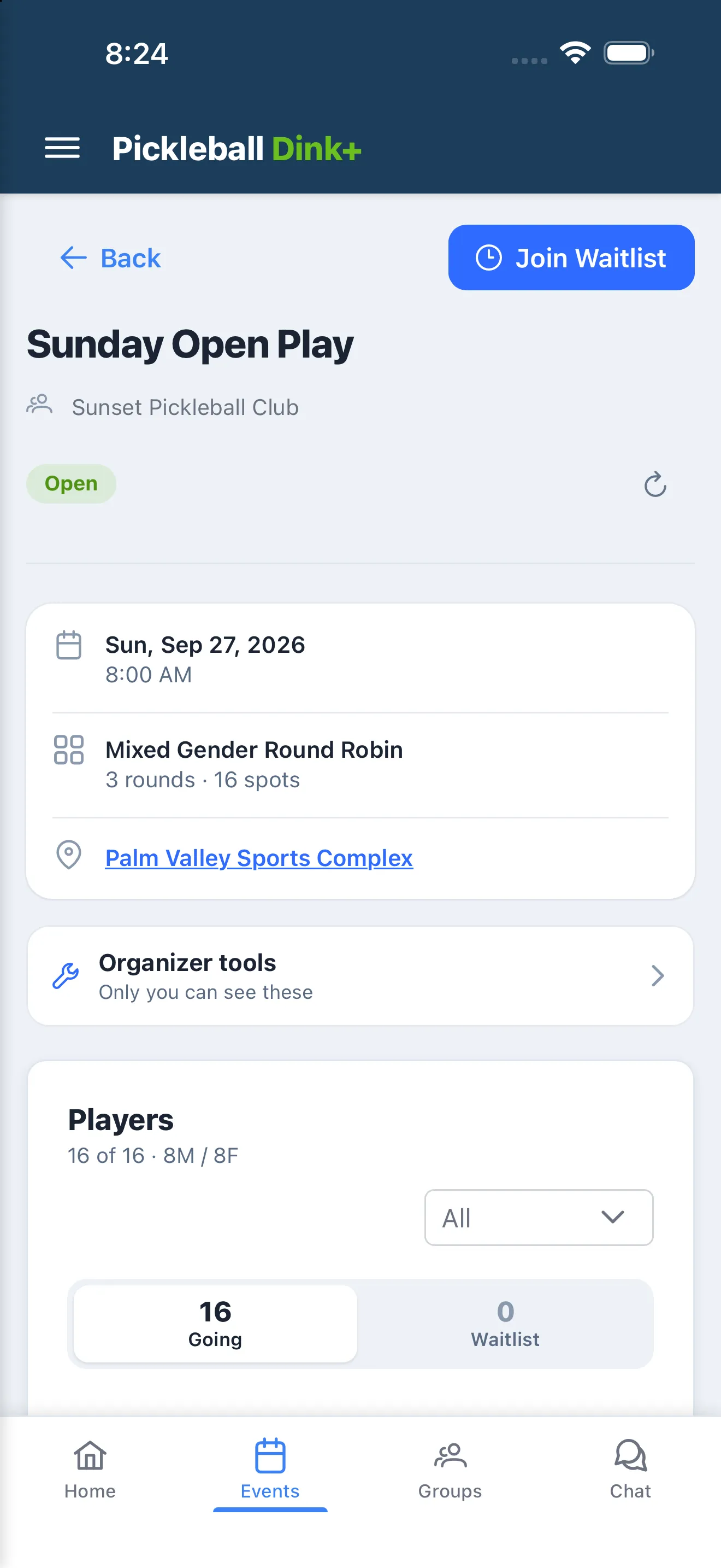 An event page with the Join Waitlist button, shown when the event is full