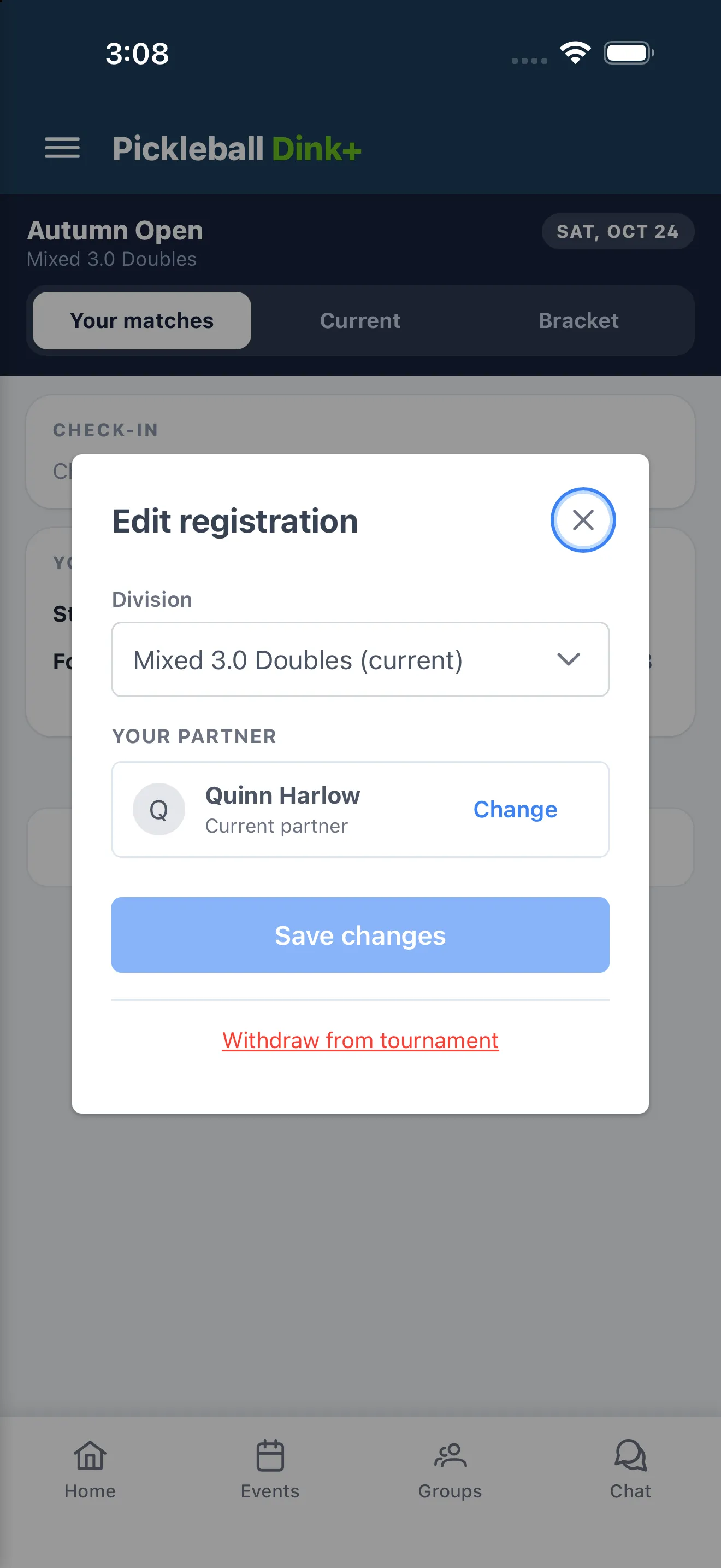 The Edit registration dialog, with your division, your partner and Withdraw from tournament