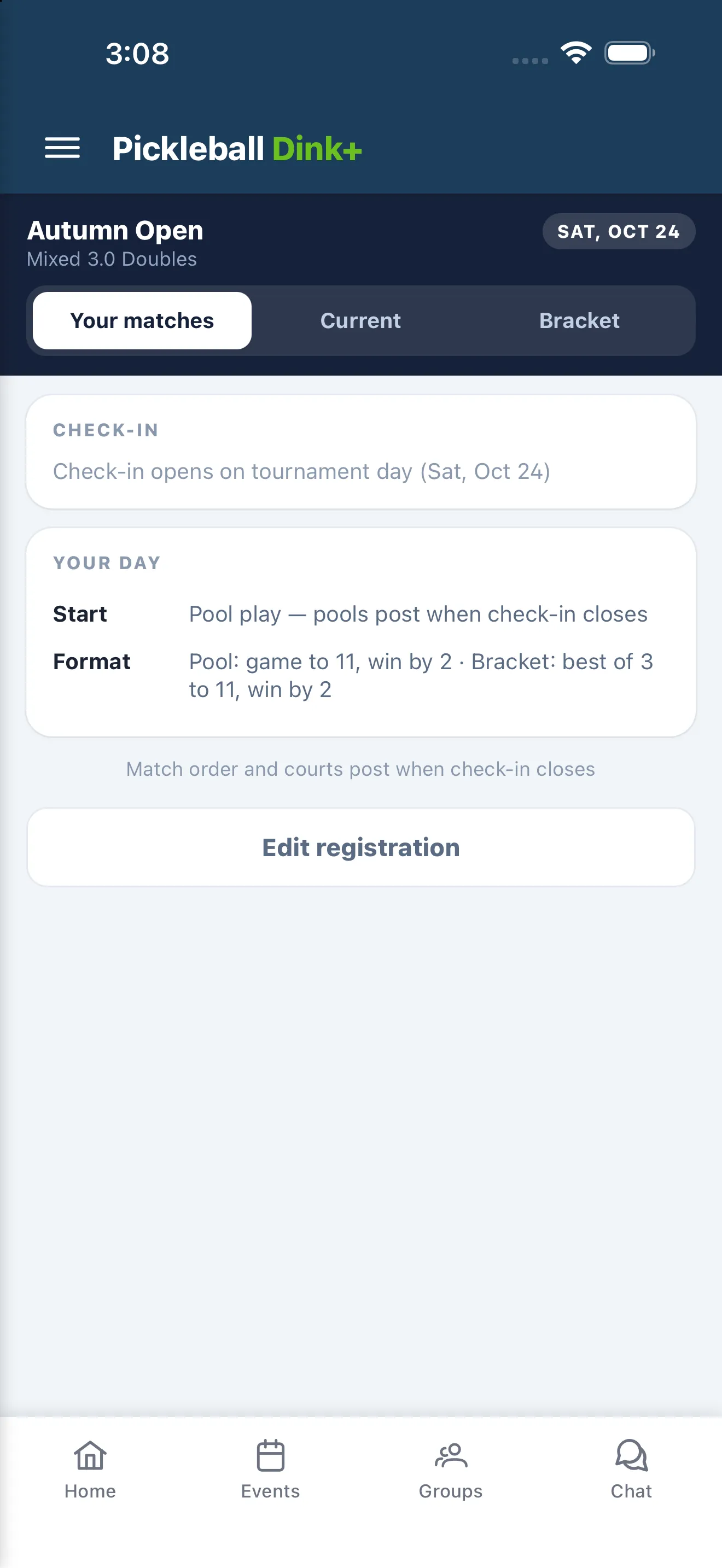 Your team’s page in a tournament, with the Your matches, Current and Bracket tabs