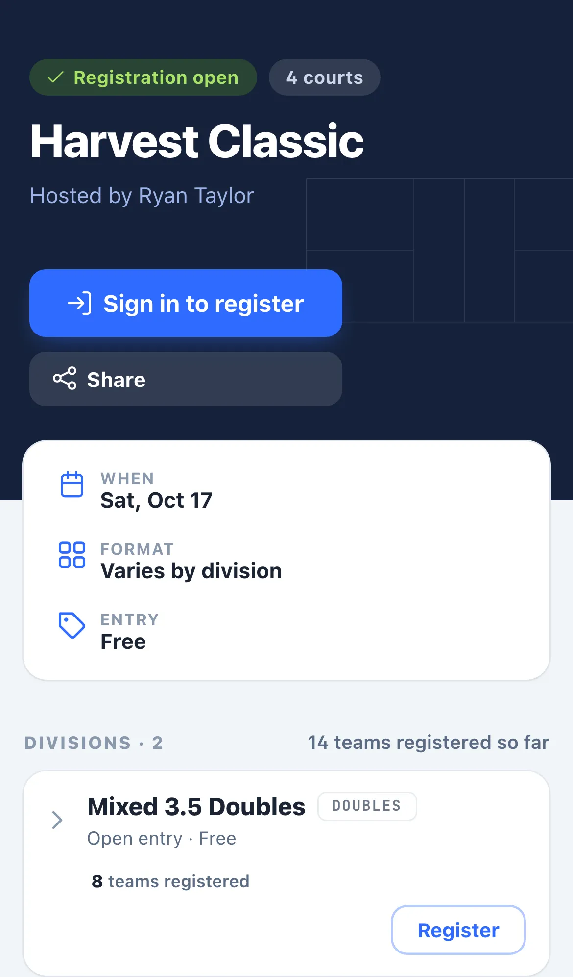 The public tournament page with Registration open