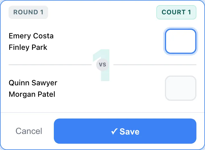 The Score Entry dialog for a match