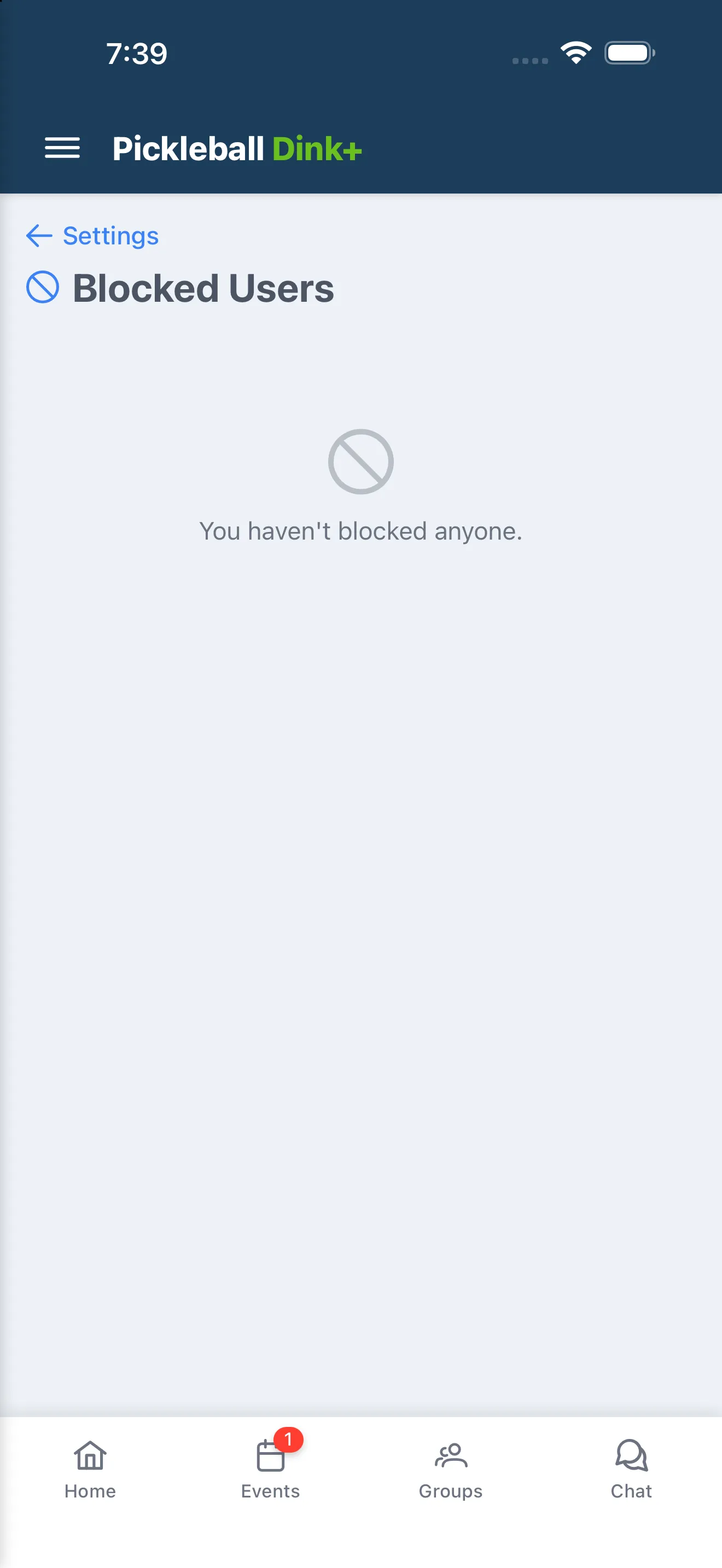 Blocked Users settings page, empty list