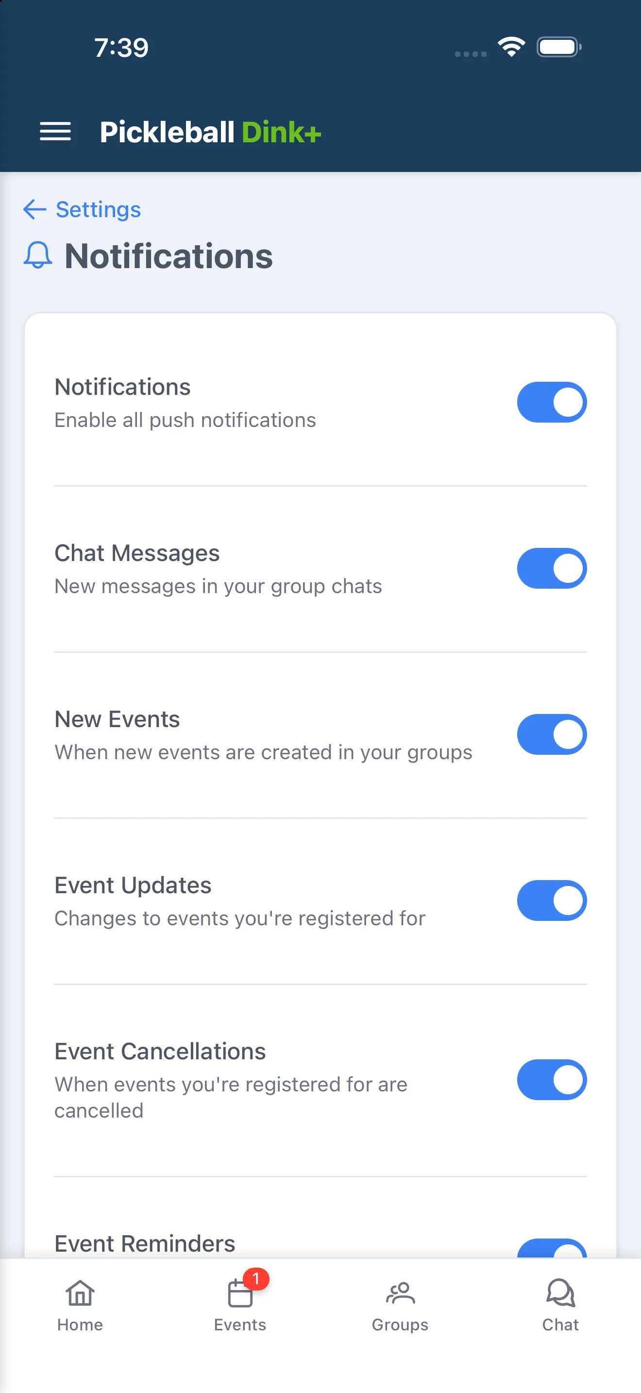 Notifications settings page