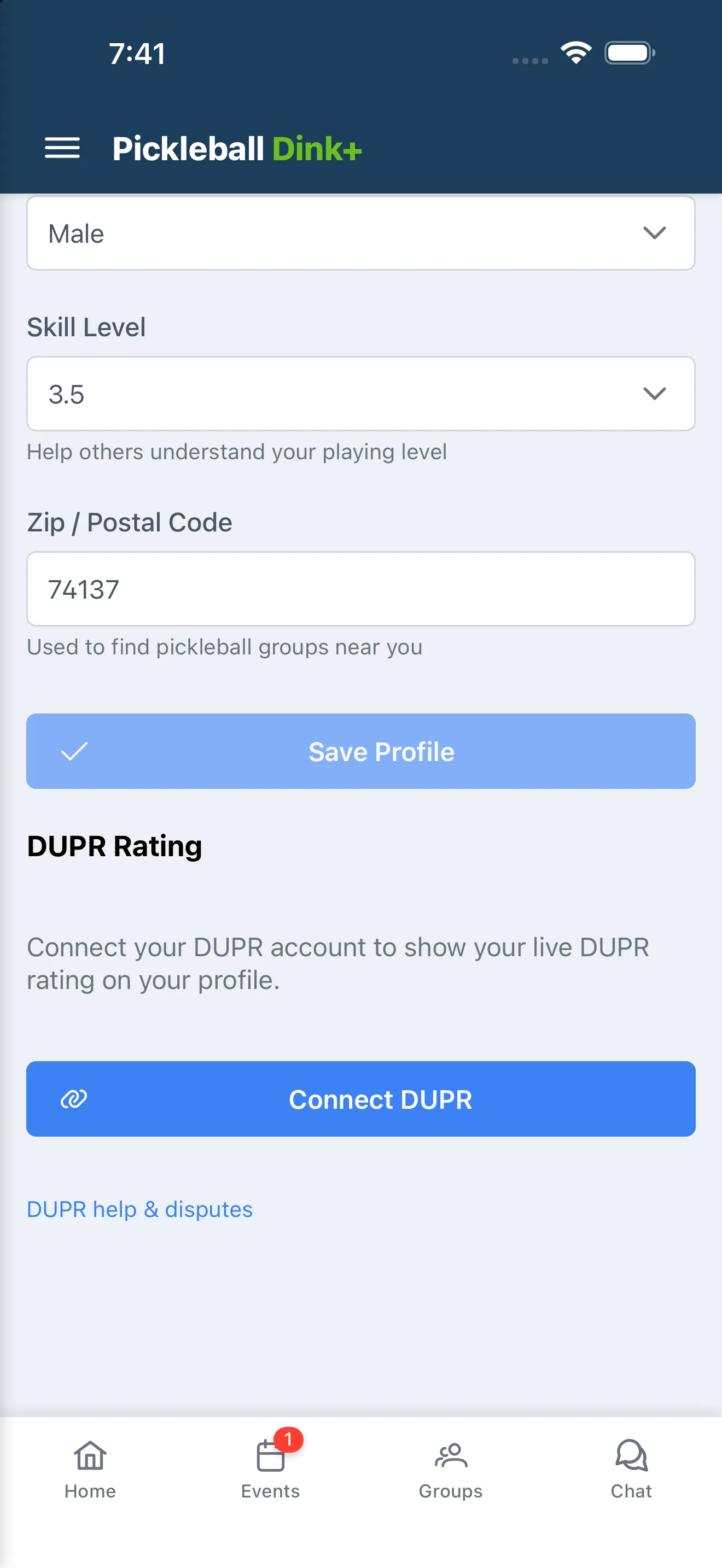 DUPR Rating card on Profile settings