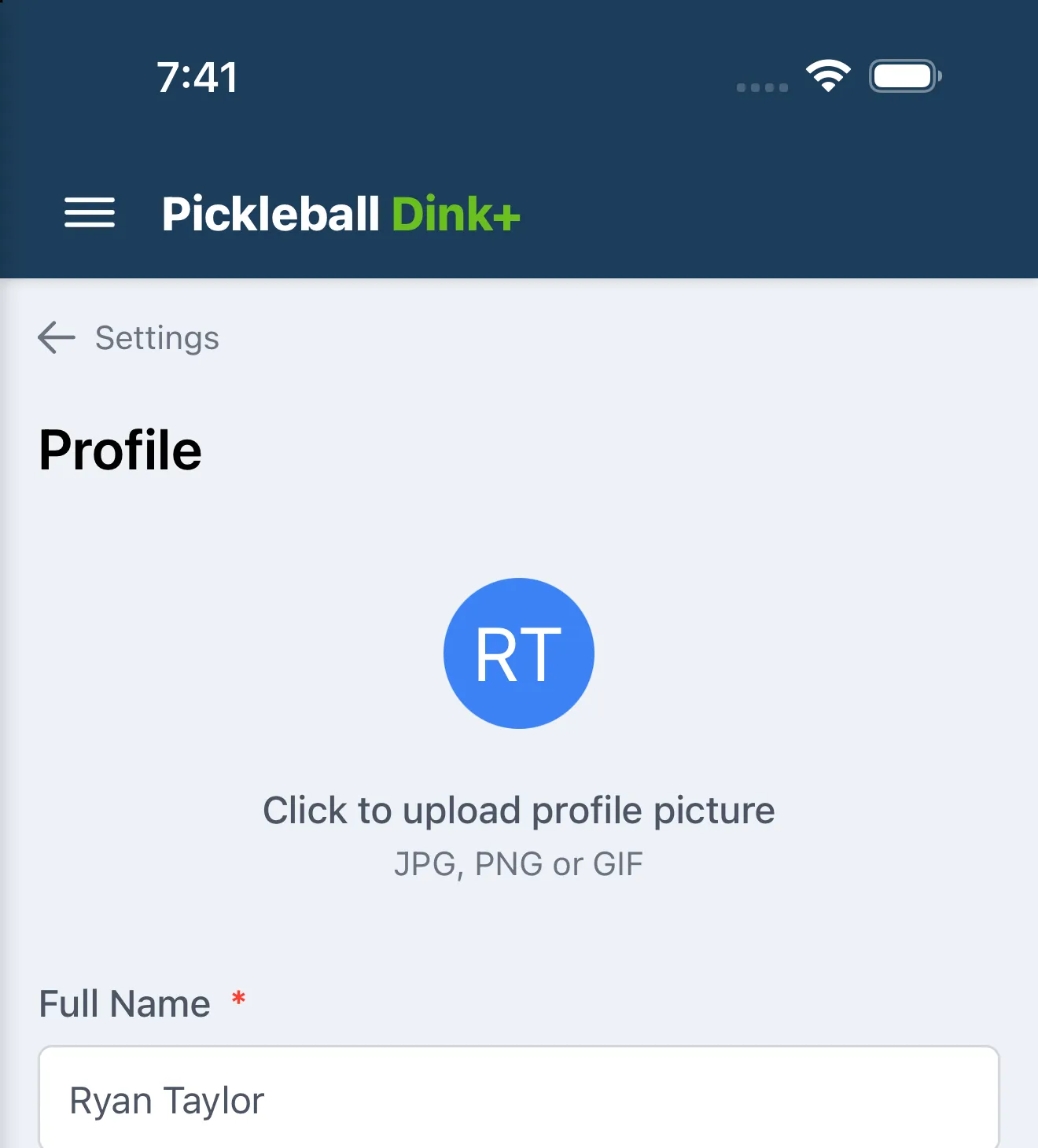 Profile settings page