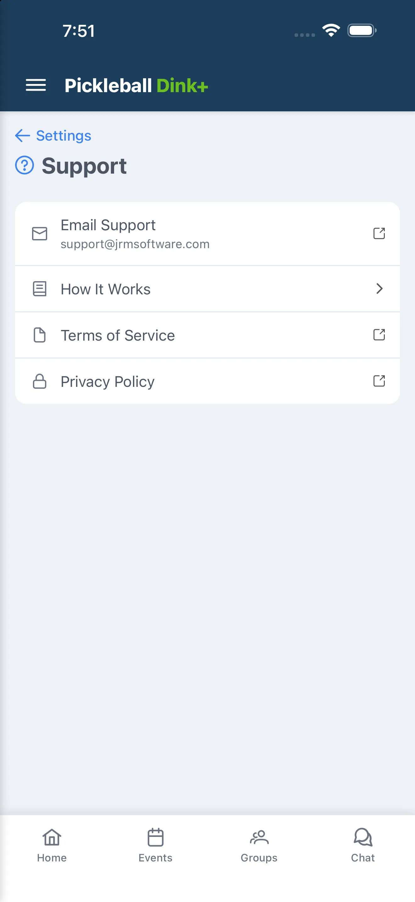 Support settings page